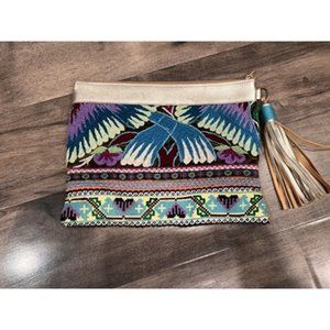 Wabags Boho Multicolor Embroidered Leather Tassel Clutch Handbag Size Small